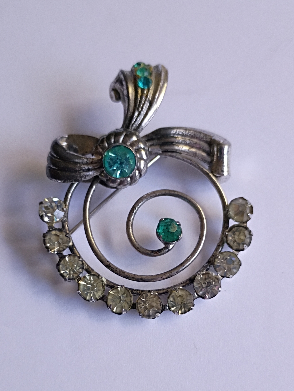 Vintage IH Sterling Silver Spiral Brooch with Teal Green Stones